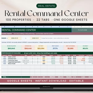 May include: A digital spreadsheet displayed on a laptop screen titled Rental Command Center, featuring 100 properties and 22 tabs. The interface shows financial data including income, expenses, net profit, and occupancy rates for various buildings.