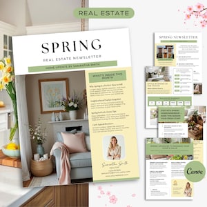 May include: A real estate newsletter titled "Spring" with a light green and white design. The newsletter includes articles on home updates and spring homeownership. The image also shows a kitchen with a bouquet of yellow flowers.