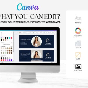 Pu&ograve; includere: Un monitor di computer mostra l'interfaccia di progettazione Canva con il testo "WHAT YOU CAN EDIT?" e "NO DESIGN SKILLS NEEDED! EDIT IN MINUTES WITH CANVA." Il design include un modello di biglietto da visita per agenti immobiliari.