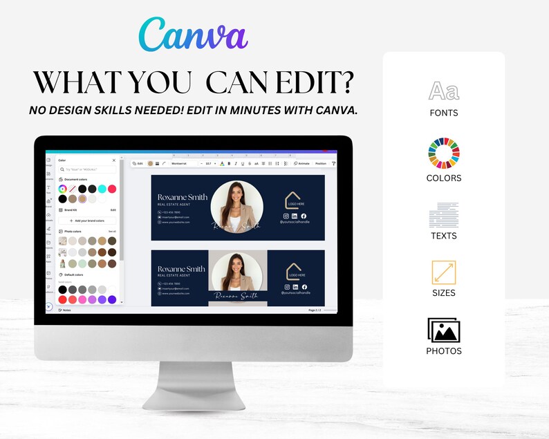 Pu&ograve; includere: Un monitor di computer mostra l'interfaccia di progettazione Canva con il testo "WHAT YOU CAN EDIT?" e "NO DESIGN SKILLS NEEDED! EDIT IN MINUTES WITH CANVA." Il design include un modello di biglietto da visita per agenti immobiliari.