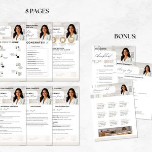 Pode incluir: Um conjunto de oito p&aacute;ginas com uma foto de rosto de uma agente imobili&aacute;ria em cada p&aacute;gina. As p&aacute;ginas s&atilde;o intituladas "8 Passos para Chegar em Casa", "Parab&eacute;ns!!!", "O que vem a seguir?", "Pr&eacute;-fechamento", "Nosso dia de fechamento", "Lista de verifica&ccedil;&atilde;o de pr&eacute;-fechamento", "O que esperar no dia do fechamento" e "Recomendado".
