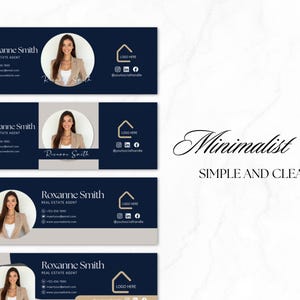 Pu&ograve; includere: Modelli di firma e-mail per agenti immobiliari in blu navy e beige. Ogni modello presenta una foto, informazioni di contatto e icone dei social media. Il testo "Roxanne Smith, Real Estate Agent" &egrave; ben visibile. Design minimalista e pulito.