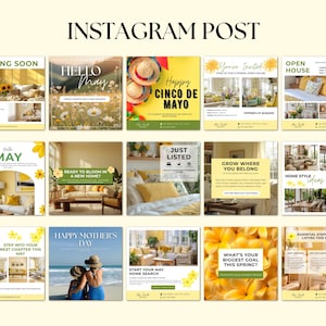 May include: A collection of Instagram post templates with various themes. The top row includes "Coming Soon," "Hello May," and "Happy Cinco de Mayo." Other templates feature phrases like "Open House," "Just Listed," and "Happy Mother's Day."