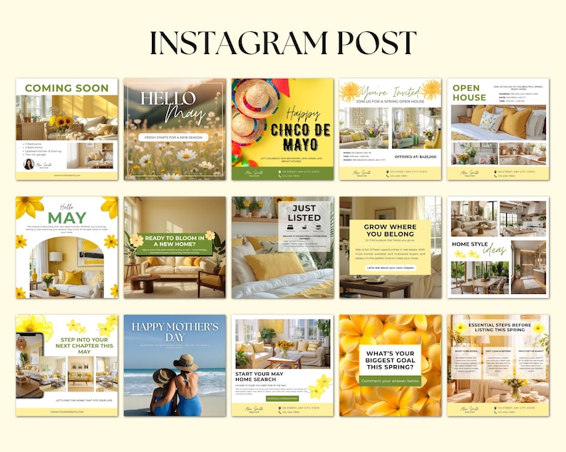 May include: A collection of Instagram post templates with various themes. The top row includes "Coming Soon," "Hello May," and "Happy Cinco de Mayo." Other templates feature phrases like "Open House," "Just Listed," and "Happy Mother's Day."