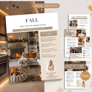 Può includere: Una newsletter immobiliare intitolata "FALL" con il testo "Real Estate Newsletter" e "Home Update by Samantha Smith". La newsletter include articoli e una foto di una donna. Lo sfondo mostra un accogliente soggiorno con camino.