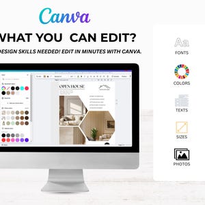 May include: A computer monitor displays a Canva interface with the text "WHAT YOU CAN EDIT?" and "NO DESIGN SKILLS NEEDED! EDIT IN MINUTES WITH CANVA." The screen shows an "Open House" document. Icons for fonts, colors, texts, sizes, and photos are on the right.