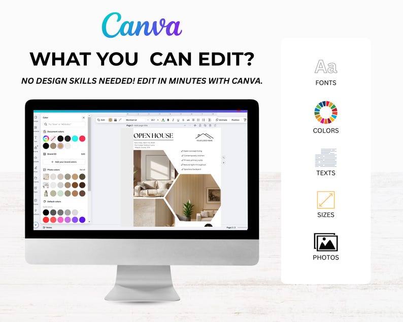 May include: A computer monitor displays a Canva interface with the text "WHAT YOU CAN EDIT?" and "NO DESIGN SKILLS NEEDED! EDIT IN MINUTES WITH CANVA." The screen shows an "Open House" document. Icons for fonts, colors, texts, sizes, and photos are on the right.
