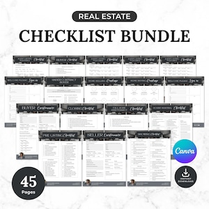 May include: A real estate checklist bundle featuring 45 pages of printable forms. The collection includes various documents such as buyer questionnaires, closing checklists, home selling roadmaps, and pre-listing checklists with black headers.