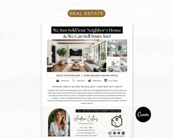 Real Estate Sold Neighbor's House Flyer | Canva | Real Estate Marketing | Real Estate Farming Flyer | Real Estate Mailer | Just Sold Letter