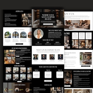 May include: A multi-column real estate website layout featuring a dark colour scheme with white text. The design includes sections for services, featured properties, team member profiles, client reviews, and real estate investment information.