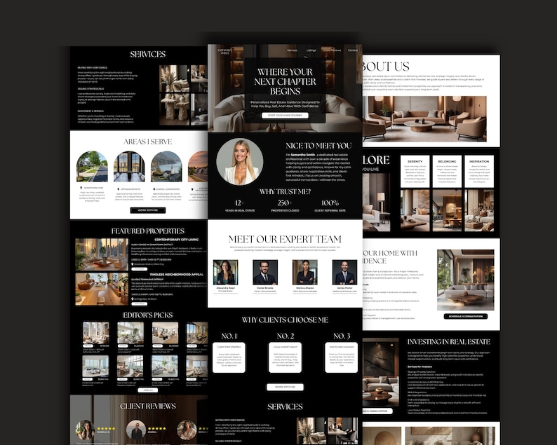 May include: A multi-column real estate website layout featuring a dark colour scheme with white text. The design includes sections for services, featured properties, team member profiles, client reviews, and real estate investment information.