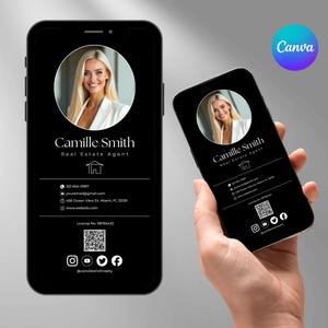 Może przedstawiać: Czarny smartfon wyświetla projekt wizytówki dla Camille Smith, agentki nieruchomości. Karta zawiera zdjęcie profilowe, dane kontaktowe i ikony mediów społecznościowych. Logo Canva jest widoczne w prawym górnym rogu.