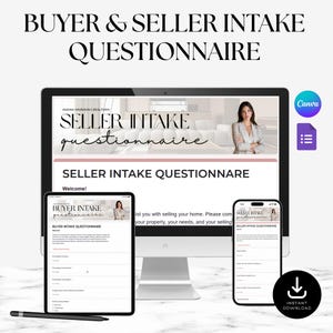 Peut inclure: Un modèle numérique de questionnaire d'accueil pour acheteurs et vendeurs affiché sur un écran d'ordinateur, une tablette et un smartphone. Les écrans présentent le texte Buyer & Seller Intake Questionnaire et des champs de formulaire.