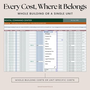 May include: A digital spreadsheet titled Rental Command Center with the text Every Cost, Where it Belongs and Whole Building or a Single Unit. The table displays columns for Entry ID, Date, Property ID, Building, Unit, Scope, Category, Amount, and Method.