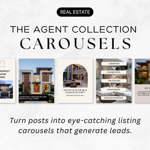 Könnte beinhalten: Ein Werbebild für Immobilien mit dem Text "Real Estate" und "The Agent Collection Carousels". Das Bild zeigt Beispiele für Listing-Karussells mit Fotos von Häusern und Text wie "4 Schlafzimmer" und "Bezugsfertig". Der Text unten lautet: "Verwandeln Sie Beiträge in auffällige Listing-Karussells, die Leads generieren."