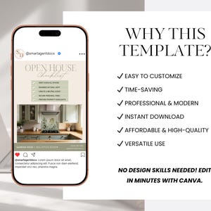 May include: A smartphone displays a real estate open house checklist template. The checklist includes items like cleaning spaces and securing personal items. The image also features the text "Why This Template?" and "No design skills needed! Edit in minutes with Canva."