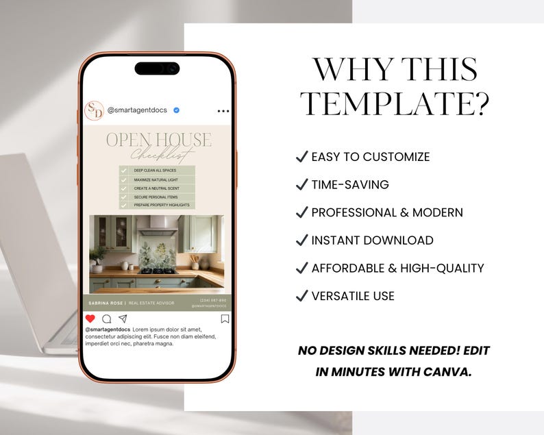 May include: A smartphone displays a real estate open house checklist template. The checklist includes items like cleaning spaces and securing personal items. The image also features the text "Why This Template?" and "No design skills needed! Edit in minutes with Canva."