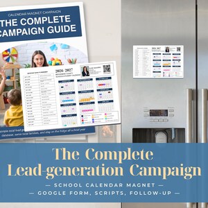 May include: A rectangular magnetic school calendar for 2026-2027 featuring a list of important dates, monthly grids with color-coded events, a professional headshot, and a QR code. The design includes text reading Brookmere County Schools Student Calendar.