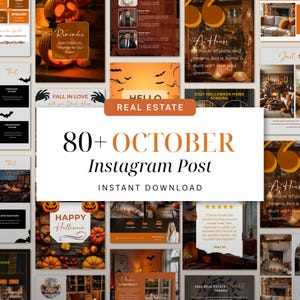 May include: A digital collection of 80+ October Instagram post templates for real estate, featuring seasonal themes with pumpkins, bats, and autumn decor. The layout includes various designs for property listings, testimonials, and event reminders.