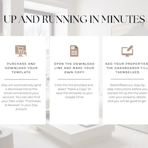 May include: An instructional graphic titled UP AND RUNNING IN MINUTES with three columns. Each column features a brown icon, a bold heading, and descriptive text explaining the process of purchasing, downloading, and using a digital template.