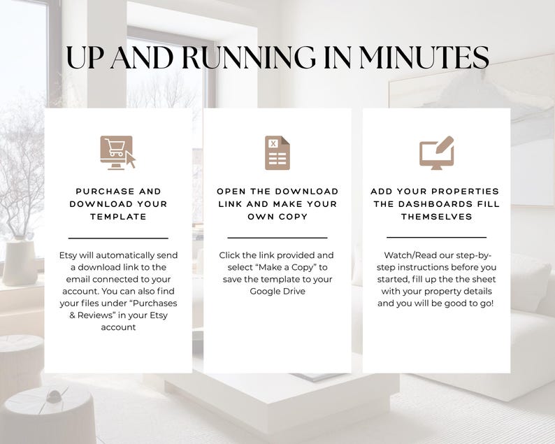 May include: An instructional graphic titled UP AND RUNNING IN MINUTES with three columns. Each column features a brown icon, a bold heading, and descriptive text explaining the process of purchasing, downloading, and using a digital template.