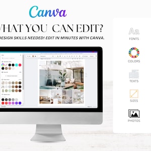 Puede incluir: Una pantalla de ordenador que muestra una plantilla de dise&ntilde;o de Canva con un collage de im&aacute;genes de un interior de casa moderno. La pantalla muestra una paleta de colores, texto y herramientas de edici&oacute;n de im&aacute;genes. El texto en la pantalla dice "WHAT YOU CAN EDIT? NO DESIGN SKILLS NEEDED! EDIT IN MINUTES WITH CANVA."