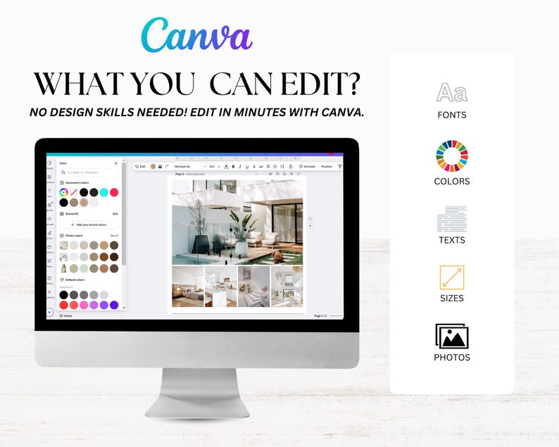 Puede incluir: Una pantalla de ordenador que muestra una plantilla de dise&ntilde;o de Canva con un collage de im&aacute;genes de un interior de casa moderno. La pantalla muestra una paleta de colores, texto y herramientas de edici&oacute;n de im&aacute;genes. El texto en la pantalla dice "WHAT YOU CAN EDIT? NO DESIGN SKILLS NEEDED! EDIT IN MINUTES WITH CANVA."