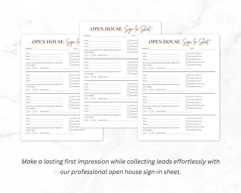 May include: Three white open house sign-in sheets with gold text. Each sheet has sections for address, contact info, and current needs. The text at the bottom reads: "Make a lasting first impression while collecting leads effortlessly with our professional open house sign-in sheet."