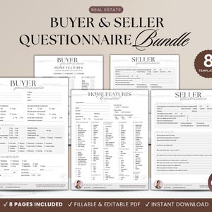 May include: A bundle of real estate questionnaires for buyers and sellers. The design includes eight templates with fillable and editable PDF formats. The documents are in black and white with the text "Buyer & Seller Questionnaire Bundle".