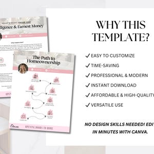 May include: Two pink and white templates with text: "Due Diligence & Earnest Money" and "The Path to Homeownership." The templates include a diagram of the home buying process and the text "Why This Template?" with bullet points.