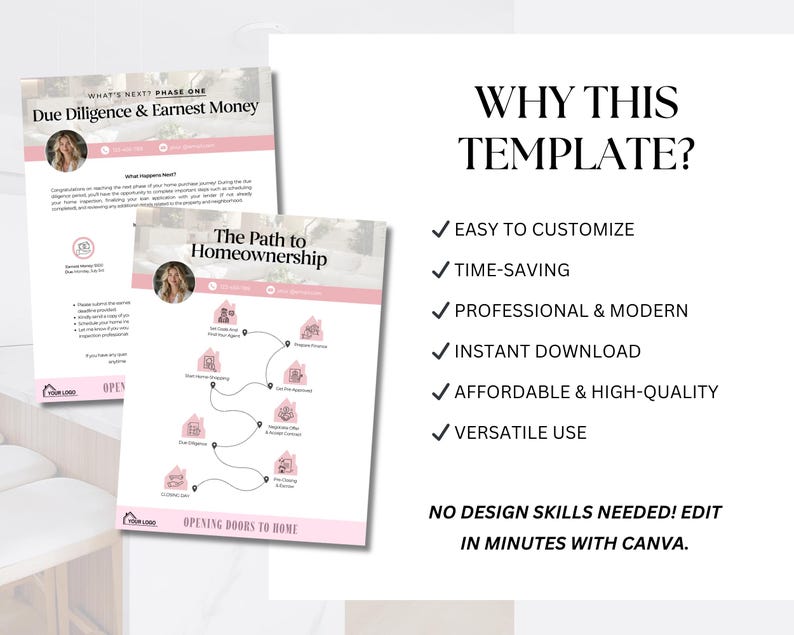 May include: Two pink and white templates with text: "Due Diligence & Earnest Money" and "The Path to Homeownership." The templates include a diagram of the home buying process and the text "Why This Template?" with bullet points.