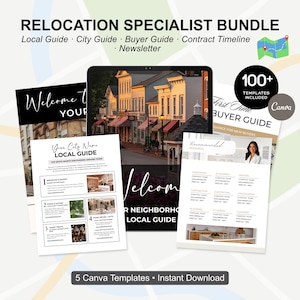 May include: A collection of relocation specialist templates, including local and city guides, and a buyer guide. The image shows a tablet displaying a city scene, alongside printed guides and the text "100+ Templates Included".