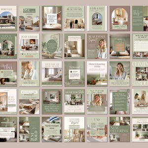May include: A collection of real estate marketing templates in shades of green, beige, and white. The templates feature images of homes, interiors, and people, with text such as "For Sale," "Just Listed," and "Real Estate Expert."