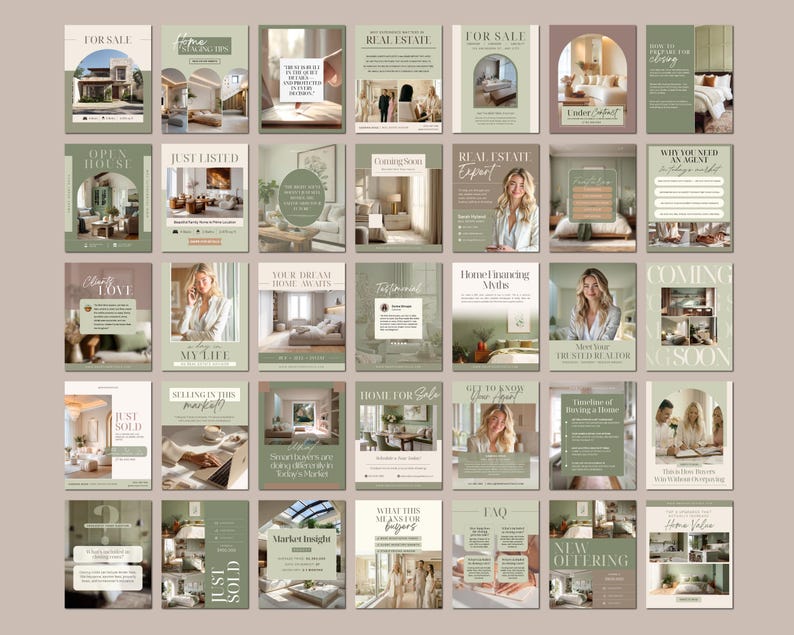 May include: A collection of real estate marketing templates in shades of green, beige, and white. The templates feature images of homes, interiors, and people, with text such as "For Sale," "Just Listed," and "Real Estate Expert."
