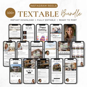 Puede incluir: Varios smartphones muestran plantillas de Instagram Reels. El texto de la imagen dice "TEXTABLE Bundle" y "INSTANT DOWNLOAD | FULLY EDITABLE | READY TO POST". Las plantillas tienen temas inmobiliarios, incluyendo "OPEN HOUSE" y "SOLD".