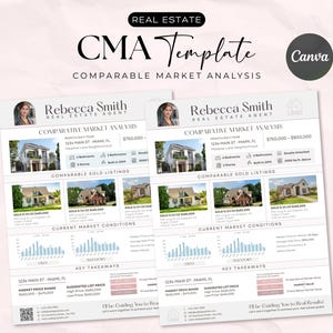 May include: A white and light pink CMA template for real estate, featuring the text "CMA Template" and "Comparable Market Analysis." The template includes sections for market analysis, sold listings, and market conditions. The Canva logo is visible.
