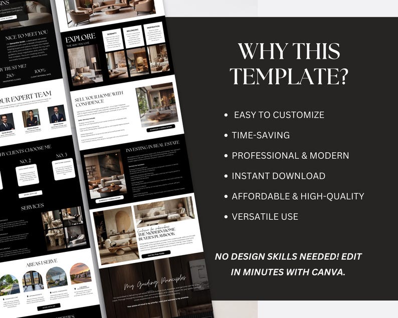 May include: A digital marketing template for real estate professionals featuring a black and white layout with interior design photography, text sections, and a list of benefits including easy to customise, time-saving, and instant download.