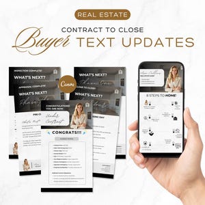 以下が含まれることがあります： 不動産サービスを宣伝する画像。不動産業者の連絡先と「8 Steps to Home」のグラフィックが表示されたスマートフォンが特徴です。「What's Next?」と「Under Contract」のテキストが書かれた印刷されたカードもいくつか表示されています。