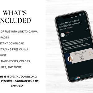 Pu&ograve; includere: Uno smartphone mostra un'e-mail su un aggiornamento del mercato immobiliare. L'e-mail include una firma con una foto e il testo "Exciting Market Update & Next Steps for Your Home Journey". L'immagine include anche un elenco di elementi inclusi.