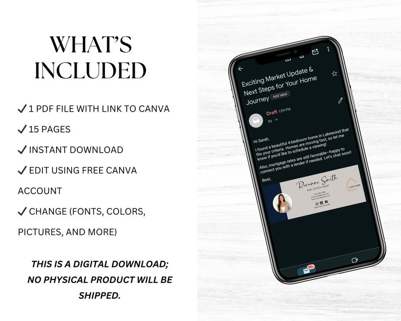 Pu&ograve; includere: Uno smartphone mostra un'e-mail su un aggiornamento del mercato immobiliare. L'e-mail include una firma con una foto e il testo "Exciting Market Update & Next Steps for Your Home Journey". L'immagine include anche un elenco di elementi inclusi.