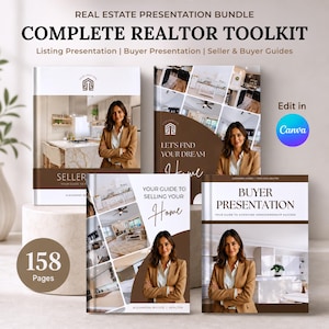 Könnte beinhalten: Ein Immobilien-Präsentationspaket mit einem vollständigen Makler-Toolkit von 158 Seiten. Die Leitfäden für Verkäufer und Käufer zeigen eine Person im beigen Blazer, Innenraumfotos und den Text Edit in Canva auf den Titelseiten.