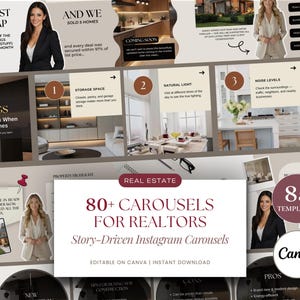 May include: A digital marketing template set for real estate professionals featuring over 80 Instagram carousel designs. The layout includes text overlays, professional photography of home interiors, and branding elements editable in Canva.