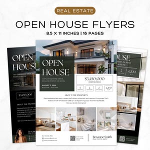 Può includere: Modello di volantino di open house in bianco e nero con un design moderno. Il volantino presenta una foto di una casa con interni in bianco e nero. Il testo sul volantino include l'indirizzo, la data, l'ora e il prezzo della casa. Il volantino include anche il nome e le informazioni di contatto dell'agente immobiliare.