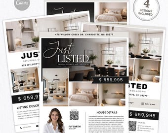 Modello di volantino "Appena messo in vendita", modello Canva, volantino immobiliare, volantino per open house, modello per agente immobiliare, nuova inserzione, marketing immobiliare