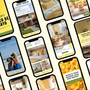 May include: A collection of smartphones displaying real estate marketing graphics. The screens feature text like "Happy Cinco de Mayo," "Just Sold," "Happy Mother's Day," and "Open House." The images showcase homes and lifestyle scenes.