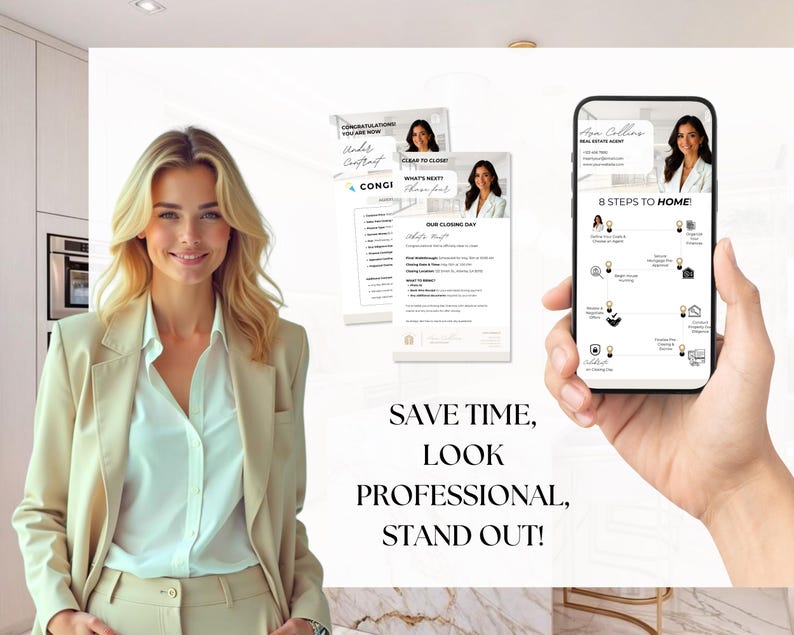 Pode incluir: Uma mulher com um blazer bege e uma camisa branca est&aacute; em frente a uma parede branca com dois documentos impressos e um smartphone que exibe uma lista de verifica&ccedil;&atilde;o intitulada "8 Passos para Casa". O texto "ECONOMIZE TEMPO, TENHA UM VISUAL PROFISSIONAL, DESTAQUE-SE!" est&aacute; escrito abaixo da imagem.
