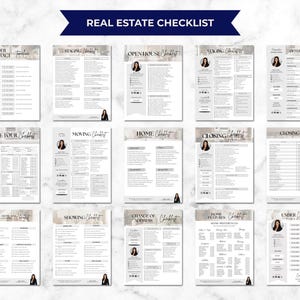 May include: A collection of real estate checklists, including "Under Contract," "Staging," and "Open House." Each checklist features a portrait and is printed on a white background with a watercolor-style design.
