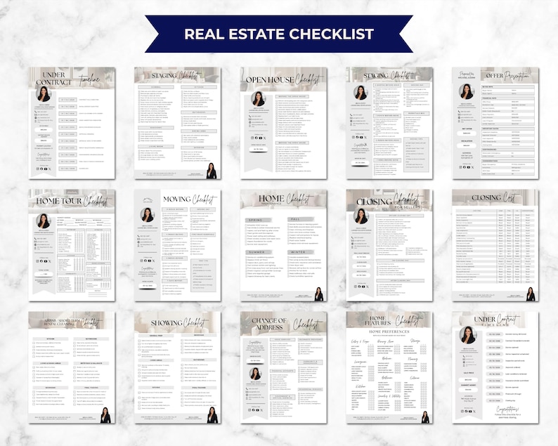 May include: A collection of real estate checklists, including "Under Contract," "Staging," and "Open House." Each checklist features a portrait and is printed on a white background with a watercolor-style design.