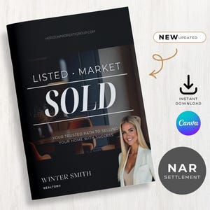 Puede incluir: Un folleto de marketing inmobiliario en blanco y negro con las palabras "LISTED MARKET SOLD" en letras blancas grandes. El folleto incluye el texto "YOUR TRUSTED PATH TO SELLING YOUR HOME WITH SUCCESS" y una foto de una mujer sonriente.