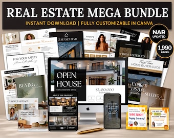 Pacchetto di modelli per il settore immobiliare / Kit di marketing per agenti immobiliari con oltre 1150 pagine / Guide Canva, liste di controllo, volantini, social media / agente immobiliare